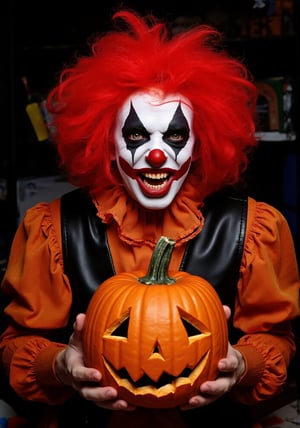 The image is a portrait-style photograph of a creepy man dressed as a clown, holding a carved pumpkin with a classic pumpkin face. The clown has striking orange hair that is styled in a wild, voluminous style. His face is painted white with excessive black eye makeup, a red nose, and a wide, creepy smile that is accentuated by red lipstick. His costume includes a frilly orange shirt with puffed sleeves and a black leather vest. The background is in a dark, cluttered room, adding to the eerie atmosphere. The pumpkin is bright orange with triangular eyes and a jagged mouth that emits light from within the pumpkin, adding to the Halloween theme. The overall composition is centered, with the subject facing the camera directly, creating a dramatic and unsettling effect.,Halloween Makeup,