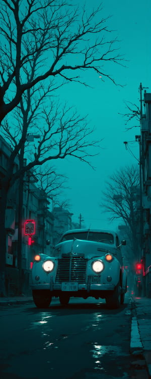 old retro car parked on the street in the evening. The background is saturated with turquoise haze and fog, which adds gloominess. On the right side of the road there are futuristic lanterns with bright red lights illuminating the sidewalk and road. The branches of trees without leaves bend slightly over the road, adding to the gloomy autumn atmosphere and mystery.Cinematic_Enhancer_Style,anime,cyberpunk