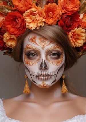 Image is a portrait photograph featuring a person with intricate Day of the Dead face paint. The face is painted with a white base, adorned with detailed floral and skeletal designs in vibrant colors such as orange, gold, and black. The eyes are highlighted with shimmering gold eyeshadow, and the lips are painted to resemble a skeletal mouth. The subject has light skin and is wearing a large, elaborate floral headdress composed of various flowers in shades of orange, red, and cream, with some glittering elements. The person is dressed in a white, ruffled garment, adding to the ornate and festive appearance. The background is softly blurred, focusing attention on the subject's striking makeup and attire.,angel_chan,Halloween makeup