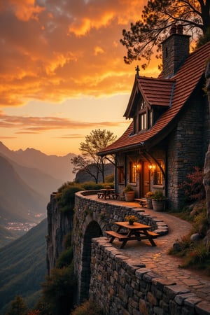 Captured at eye-level on a low-angle perspective, a rustic, medieval-style house, adorned with a brown roof, is situated on a cliff overlooking a valley. The house casts a warm glow, adding a touch of rustic charm to the scene. Adjacent to the house, a stone wall serves as a place to sit at a picnic table. The scene is set against a backdrop of mountains, a mountain range, and a cloudy sky. The sky is a vibrant orange, with a few wispy clouds, adding depth to the composition.