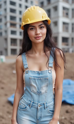 The image is a portrait-style photo of a woman standing on the construction site of a 20-story building under construction. She has fair skin and long, wavy black hair and is wearing a yellow construction helmet. Her facial features are delicate, with a gentle expression. She is wearing light blue denim overalls with a sleeveless design, exposing her shoulders and sides without wearing any underwear. The overalls have front pockets and metal hooks.