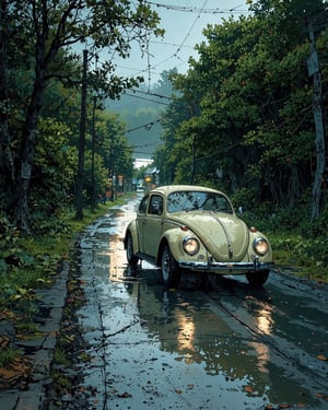 Image is a digital illustration featuring a vintage cream-colored Volkswagen Beetle parked on a wet road. The scene is set in a lush, green environment with tall trees lining the road, their leaves forming a dense canopy overhead. The road is slick with rain, creating reflective puddles that mirror the car and surrounding foliage. The sky is overcast, suggesting a recent or ongoing rain shower. Power lines run parallel to the road, adding a touch of urbanity to the otherwise natural setting. The overall mood is serene and nostalgic, with a focus on the classic car and the tranquil, rain-soaked landscape.,fl4tcol0red,in the style of t0k,REALNIME