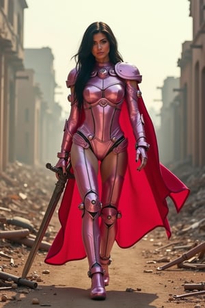 Kylie Jenner, a sultry barbarian maiden, struts confidently through a post-apocalyptic wasteland, her pink mechanical armor glistening in the hazy sunlight. The metallic exosuit hugs her curves, accentuating her toned physique as she wields a gleaming sword. A crimson cape flows behind her like a fiery aura, amidst ruins of crumbling buildings and twisted metal debris.