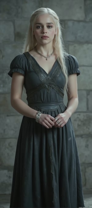 a woman dressed in a dark gray dress, adorned with a silver chain around her neck, adding a touch of charm to her outfit. Her blonde hair is pulled back in a ponytail, cascading over her shoulders. She is standing in front of a gray stone wall, her hands clasped in her hands. She has a ring on her left hand, and a silver bracelet on her right hand.,Midjourneyart,Fantasy detailers,emxclarke,emxclarke as daenerys