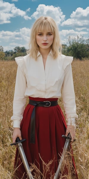 a medium-sized portrait of KeiraKnightley in a white shirt and a red skirt, adorned with a black belt. Her blonde hair is cascading over her shoulders, adding a pop of color to the scene. She stands in a field of tall, dry grass, with a backdrop of a blue sky filled with white, fluffy clouds. KeiraKnightley is holding two swords in her hands, both of which are pointed towards the viewer. The sword on the left side of the frame is a dark gray, while the sword on on the right side is a lighter gray. The swords are both silver, with black handles.,KeiraKnightley,Midjourney v6