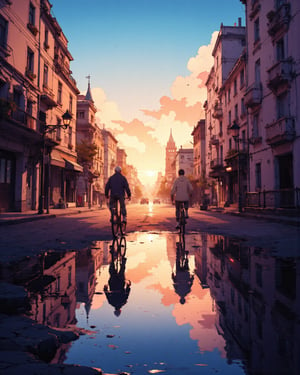 Image is a stunning urban street scene captured at sunset, featuring a symmetrical reflection in a large puddle on the road. The composition is vertical, with the focus on the reflection of the sky and buildings. The sky is a mix of orange, pink, and blue hues, with scattered clouds adding texture. Two cyclists are in motion, one in the foreground and another further back, both slightly blurred to convey movement. The street is lined with classic European-style buildings, characterized by their white facades and arched windows. Vintage-style street lamps line the road, adding to the nostalgic atmosphere. The reflection in the puddle perfectly mirrors the sky and the cyclists, creating a visually striking effect. The overall mood is serene and picturesque, capturing the essence of a city at dusk..Cinematic_Enhancer_Style,anime,cyberpunk