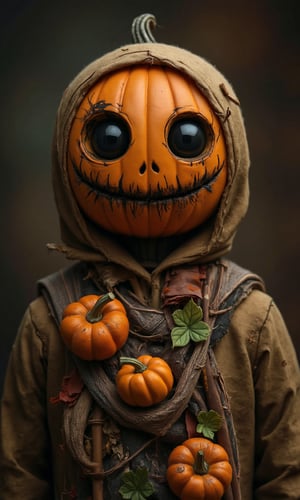 Image is a highly detailed, stylized portrait of a scarecrow-like figure with a pumpkin head. The head is round and orange, featuring large, hollow black eyes and a stitched mouth, giving it a haunting appearance. The surface of the pumpkin is textured with visible cracks and stitches, adding to the eerie aesthetic. The figure is draped in tattered, earth-toned fabric that resembles burlap, with a hood covering the top of the head. Attached to the chest area are small, realistic pumpkins and green leaves, enhancing the autumnal theme. The background is blurred, focusing attention on the subject, and features muted, earthy colors that complement the figure's rustic appearance. 🤡,sci_fic,Details,Texture 