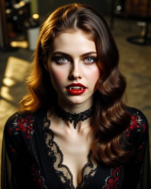 A sultry vampire bride gazes directly into the lens, her piercing red eyes (1.1) locking onto the viewer's. Her long brown hair cascades like a golden waterfall down her back as she wears a wicked grin, showcasing a devilish smile and gleaming fangs. A delicate choker adorns her neck, adding an air of mystique to the overall composition. The framing is from above, emphasizing the subject's dominance and control.,Vampyfangs1,Vampnoir,strigoi,nosferatu,Midjourneyart,alexandra daddario