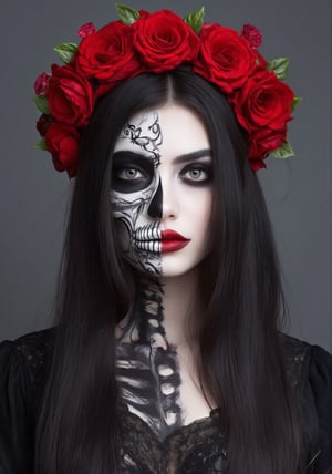 Digital artwork featuring a woman with striking facial features. Her skin is pale, and she has long, straight black hair. The left side of her face is painted to resemble a skull, with intricate black and white detailing, while the right side is natural with bold makeup, including dark red lipstick and smoky eye shadow. She wears a crown of vibrant red roses with green leaves, adding a dramatic contrast to her dark hair. Her attire is a black lace top, enhancing the gothic and mysterious theme of the image. The background is a muted gray, which further highlights the vivid colors and details of the subject's appearance..,angel_chan,Halloween makeup