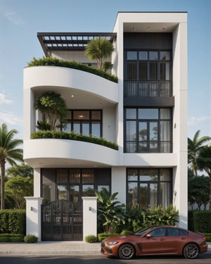 Image showcases a modern architectural style house with a unique, angular design. The structure features a prominent white facade with smooth, curved edges and vertical black slats on one side, creating a striking contrast. The building is two stories high, with the upper level partially cantilevered over the lower level. A lush green garden with palm trees and various plants adorns the balcony area, adding a touch of nature to the contemporary design. Below, a sleek red sport car is parked in front of the house, complementing the modern aesthetic. The sky is clear and blue, enhancing the overall vibrant and fresh appearance of the scene.,36ArchiAI