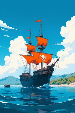 Captured at eye-level on a vibrant day, a medium-sized pirate ship, glides across a body of water. The ship, painted black, is adorned with three orange flags, each with a unique design, adding a touch of vibrant colors to the scene. The sails, adorned with a large red flag, add a pop of color to the otherwise monochromatic scene. A small black boat is sailing on the water, adding depth to the composition. The sky, dotted with white clouds, is a deep blue, with a mountain range in the background.