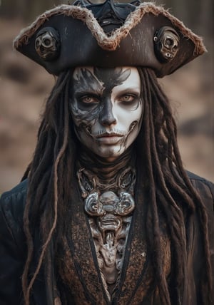 Image is a highly detailed, stylized portrait of a person dressed in an elaborate pirate costume. The subject has a skeletal face painted with intricate black and white designs, resembling a skull. The skin is pale, enhancing the dramatic effect of the makeup. The individual wears a large, ornate tricorn hat adorned with skull motifs and tattered edges, adding to the pirate theme. Long, textured dreadlocks cascade down from beneath the hat. The costume is richly detailed, featuring a dark, weathered jacket with intricate embroidery and a layered, decorative vest. The ensemble is completed with a large, ornate necklace featuring metallic elements. The background is blurred, focusing attention on the subject's striking appearance.,angel_chan,Halloween makeup