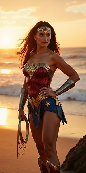 Natalie Portman posing confidently in a iconic Wonder Woman costume, standing triumphantly on a scenic beach at sunset with the golden lasso and tiara gleaming in the warm light. The camera frames her from a low angle, emphasizing her strength and power. Her long hair flows in the gentle breeze as she gazes out at the ocean, radiating courage and determination.