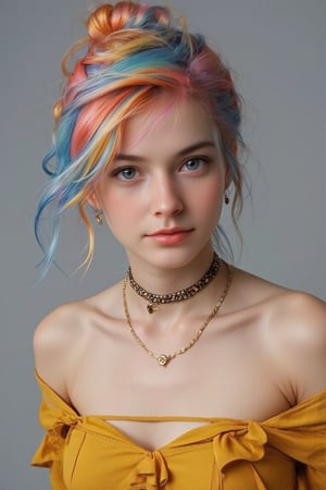 A stunning score_9 portrait of a young woman with mesmerizing multi-hued hair in shades of blue, pink, orange, and yellow. Her loose waves are tied back with a top knot and a braid on one side, framing her fair skin and bright blue eyes. She wears a mustard yellow off-shoulder top with ruffles and a cut-out detail at the chest, paired with layered necklaces: a beaded choker and pendant necklace. The serene gray background harmonizes with her vibrant hair and outfit, drawing focus to her captivating gaze.,cut_tari