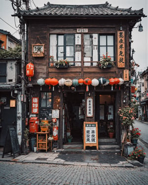 Captured from a high-angle perspective on a cloudy day, a two-story Asian building is adorned with Chinese lanterns. The building's exterior walls are adorned with Asian characters, adding a touch of charm to the scene. The windows, adorned with flowers, are framed with a white background, adding depth to the overall composition. The street is composed of cobblestone tiles, adding texture to the composition. Adjacent to the building, a black chalkboard sign stands out, providing a contrast to the brown building.