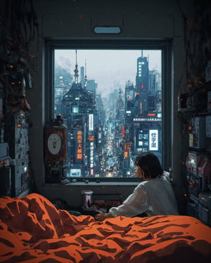 a cyberpunk-style futuristic cityscape as viewed from a small, cluttered apartment room. The room itself has a cozy, lived-in feel, with a bed covered in a vibrant orange blanket, while the walls are lined with various retro-tech gadgets, wires, and control panels. A large window dominates the scene, offering a view of a sprawling, neon-lit metropolis filled with towering skyscrapers cyberpunk Chinese temple architectures and brightly glowing signs in various languages,  typical of a densely packed urban environment.A girl in a loose shirt sitting on the edge of her bed looking out the window and smoking a cigarette, The atmosphere is misty, with rain or fog softening the glow of the city lights, creating a moody, dystopian feel. The clock on the wall suggests a retro-futuristic aesthetic, blending older, analog designs with the high-tech, neon future outside. The image gives off strong vibes of isolation amidst a bustling, high-tech world, reminiscent of cyberpunk storytelling.,anime,ligne_claire