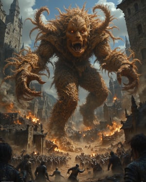 A sweeping aerial view of a rustic village, with towering buildings and quaint cottages. A giant, mutated scarecrow stands tall, its straw-stuffed body now twisted and grotesque, as it unleashes a flurry of razor-sharp claws and teeth. People flee in terror, screaming and running for cover amidst the chaos, while the scarecrow's massive arms swing wildly, crushing everything in its path.,bosstyle,Midjourney_Whisper