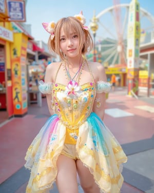 A thrilled cosplayer stands out amidst the vibrant hues of an amusement park, her stunning, colorful dress intricately detailed and flowing like a sunburst. She gazes directly at the viewer with a bright, beaming smile, her armpits subtly visible as she strikes a dynamic pose. The background, a photorealistic depiction of carnival thrills, fades into depth as diffused natural sunlight casts a warm glow on her skin, making it radiant and lifelike.,angel_chan