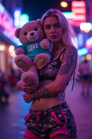 On a bustling neon-lit street, an individual stands out with their casual summer attire, marked by a sleeveless top adorned with intricate designs and camouflage shorts with pink highlights. Their arm showcases a collection of colorful tattoos, adding to their unique urban style. In their embrace, a teddy bear wearing an aqua-colored outfit boldly declares "LOVE". The vibrant neon signs in the background spell out words from different languages, contributing to the lively atmosphere of the city night. ,,futuremadness