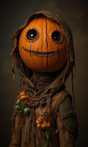 Image is a highly detailed, stylized portrait of a scarecrow-like figure with a pumpkin head. The head is round and orange, featuring large, hollow black eyes and a stitched mouth, giving it a haunting appearance. The surface of the pumpkin is textured with visible cracks and stitches, adding to the eerie aesthetic. The figure is draped in tattered, earth-toned fabric that resembles burlap, with a hood covering the top of the head. Attached to the chest area are small, realistic pumpkins and green leaves, enhancing the autumnal theme. The background is blurred, focusing attention on the subject, and features muted, earthy colors that complement the figure's rustic appearance. 🤡,sci_fic,Details,Texture 