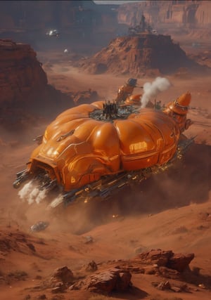 A futuristic orange spaceship, shaped like a pumpkin, lands on a barren alien terrain. The ship's curved surface glows with an eerie light, casting a warm, inviting glow over the desolate landscape. A plume of exhaust smoke rises from the rear as it settles into its new position.