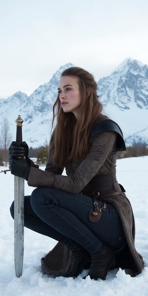 KeiraKnightley dressed in a medieval-style outfit, squatting in the snow, holding a sword in her right hand. The woman's hair is long and cascades over her shoulders, adding a touch of warmth to the scene. She is dressed in black leather gloves, a leather vest, and a brown belt with a zipper on the right side of her waist. The sword she is holding is held in her left hand, while her right arm rests on her hip. The backdrop, a mountain range covered in snow looms in the distance. The sky is a pale blue, with a few wispy clouds.,KeiraKnightley