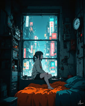 a cyberpunk-style futuristic cityscape as viewed from a small, cluttered apartment room. The room itself has a cozy, lived-in feel, with a bed covered in a vibrant orange blanket, while the walls are lined with various retro-tech gadgets, wires, and control panels. A large window dominates the scene, offering a view of a sprawling, neon-lit metropolis filled with towering skyscrapers cyberpunk Chinese temple architectures and brightly glowing signs in various languages,  typical of a densely packed urban environment.A girl in a loose shirt sitting on the edge of her bed looking out the window and smoking a cigarette, The atmosphere is misty, with rain or fog softening the glow of the city lights, creating a moody, dystopian feel. The clock on the wall suggests a retro-futuristic aesthetic, blending older, analog designs with the high-tech, neon future outside. The image gives off strong vibes of isolation amidst a bustling, high-tech world, reminiscent of cyberpunk storytelling.,anime