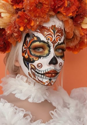 Image is a portrait photograph featuring a person with intricate Day of the Dead face paint. The face is painted with a white base, adorned with detailed floral and skeletal designs in vibrant colors such as orange, gold, and black. The eyes are highlighted with shimmering gold eyeshadow, and the lips are painted to resemble a skeletal mouth. The subject has light skin and is wearing a large, elaborate floral headdress composed of various flowers in shades of orange, red, and cream, with some glittering elements. The person is dressed in a white, ruffled garment, adding to the ornate and festive appearance. The background is softly blurred, focusing attention on the subject's striking makeup and attire.,angel_chan,Halloween makeup