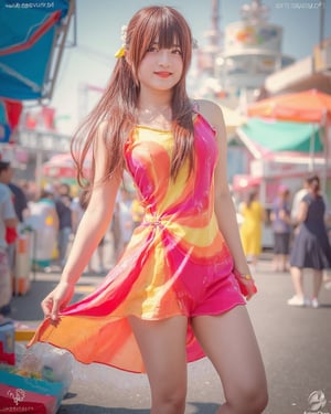 A thrilled cosplayer stands out amidst the vibrant hues of an amusement park, her stunning, colorful dress intricately detailed and flowing like a sunburst. She gazes directly at the viewer with a bright, beaming smile, her armpits subtly visible as she strikes a dynamic pose. The background, a photorealistic depiction of carnival thrills, fades into depth as diffused natural sunlight casts a warm glow on her skin, making it radiant and lifelike.,angel_chan