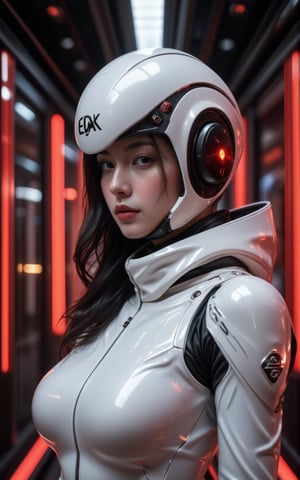 Captured at eye-level, a close-up shot captures a woman in a white robot-like outfit, adorned with a helmet and a red light. The woman's helmet is adorned with the word "EDAK" in black letters. Her hair is long and cascades in a ponytail, adding a pop of color to the scene. The background is a stark contrast of red and black lights, creating a striking visual effect.,mechanx,hunart,future enchantress