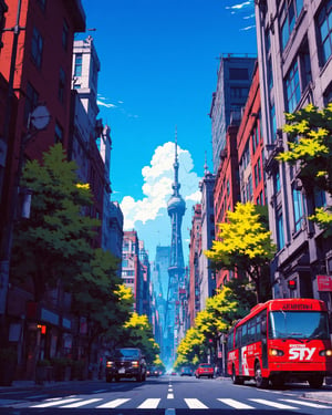 Captured at eye-level on a vibrant day, a view of the New York City skyline is captured from a high-angle perspective. A red bus is parked on the right side of the street, its headlights on. The street is lined with tall buildings on either side of it. The buildings are a mix of red, brown, and gray, and are adorned with a variety of trees. The sky is a deep blue, dotted with a few wispy clouds, adding a touch of color to the scene.Cinematic_Enhancer_Style,anime,cyberpunk