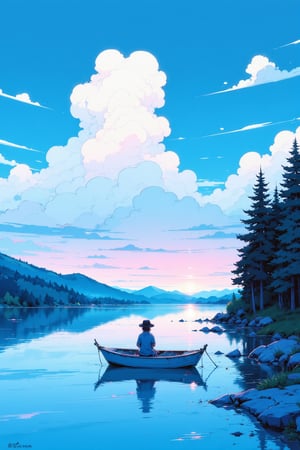 a medium-sized painting captures a vibrant blue sky, adorned with white, fluffy clouds. The painting features a lake with a small boat floating on top of it, its reflection gazing off into the water. The boat is adorned with two oars, adding a touch of color to the scene. A person, dressed in a blue shirt and a black hat, is seated in the bow of the boat, facing towards the horizon. To the right of the painting, a forest of evergreen trees is reflected in the water's surface. The sun is setting, casting a pink hue over the scene, creating a peaceful and serene atmosphere.