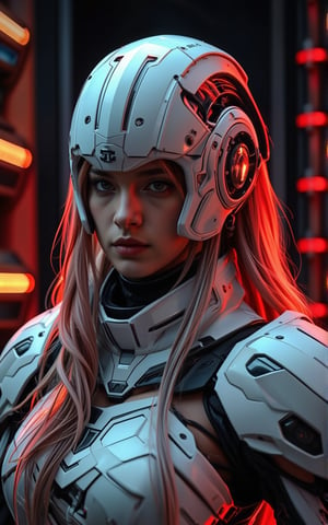 A close-up shot captures a woman's intense gaze, her white robotic attire and helmet with 'NAZA' emblazoned in bold black letters, as a fiery red light illuminates her features. Long hair cascades down her back like a vibrant waterfall, adding a splash of color to the dark, industrial backdrop of pulsing red and black lights that seem to vibrate with energy. ,mechanx,hunart,future enchantress,hanemperor23