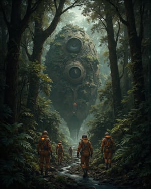 Image is a digital artwork depicting a dense, misty jungle scene with a crashed spaceship in the background. The spaceship is partially covered in moss and foliage, with a large circular engine visible. In the foreground, four individuals in orange and brown space suits are walking towards the spaceship. The suits have helmets with visors, obscuring their facial features. The jungle is lush with various green plants, ferns, and vines hanging from tall trees. The ground is wet, with a small stream running through the scene, reflecting the ambient light. The atmosphere is mysterious and adventurous, with a sense of exploration and discovery.,Midjourney art v2,Midjourney_Whisper