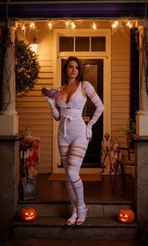 Hot night scene: a beautiful woman dressed in a provocative mummy costume with only a few parts covered by cloth stands upright on a creaky porch, bathed in the warm light of pumpkins and twinkling fairy lights. She holds a bowl of sparkling candy, her eyes sparkling with mischief as she surveys the Halloween decorations surrounding her, a festive cemetery with tombstones, cobwebs, and cardboard skeletons.,Catheez,olympusd450