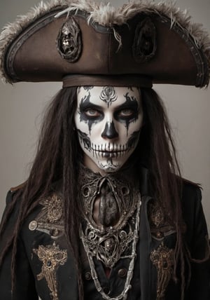 Image is a highly detailed, stylized portrait of a person dressed in an elaborate pirate costume. The subject has a skeletal face painted with intricate black and white designs, resembling a skull. The skin is pale, enhancing the dramatic effect of the makeup. The individual wears a large, ornate tricorn hat adorned with skull motifs and tattered edges, adding to the pirate theme. Long, textured dreadlocks cascade down from beneath the hat. The costume is richly detailed, featuring a dark, weathered jacket with intricate embroidery and a layered, decorative vest. The ensemble is completed with a large, ornate necklace featuring metallic elements. The background is blurred, focusing attention on the subject's striking appearance.,angel_chan,Halloween makeup