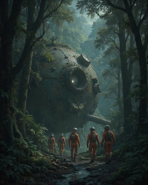 Image is a digital artwork depicting a dense, misty jungle scene with a crashed spaceship in the background. The spaceship is partially covered in moss and foliage, with a large circular engine visible. In the foreground, four individuals in orange and brown space suits are walking towards the spaceship. The suits have helmets with visors, obscuring their facial features. The jungle is lush with various green plants, ferns, and vines hanging from tall trees. The ground is wet, with a small stream running through the scene, reflecting the ambient light. The atmosphere is mysterious and adventurous, with a sense of exploration and discovery.,Midjourney art v2,Midjourney_Whisper