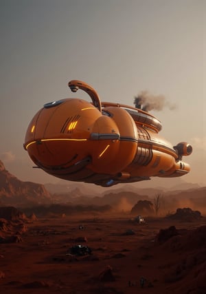 A futuristic orange spaceship, shaped like a pumpkin, lands on a barren alien terrain. The ship's curved surface glows with an eerie light, casting a warm, inviting glow over the desolate landscape. A plume of exhaust smoke rises from the rear as it settles into its new position.