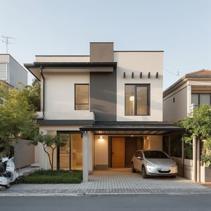 Modern architectural style, two-story house with a minimalist design. The facade features clean lines and a neutral color palette of beige and dark brown. The layout includes a flat roof and a prominent vertical window on the upper level. A carport with a black metal frame and transparent roofing is attached to the front, sheltering a silver car and a white scooter. The entrance is marked by a wooden door with a small, well-maintained garden area to the side, including a few potted plants and a small tree. The driveway is paved with interlocking bricks, and the overall setting is urban and contemporary..Cinematic_Enhancer_Style