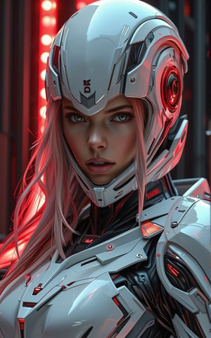 A close-up shot captures a woman's intense gaze, her white robotic attire and helmet with 'NAZA' emblazoned in bold black letters, as a fiery red light illuminates her features. Long hair cascades down her back like a vibrant waterfall, adding a splash of color to the dark, industrial backdrop of pulsing red and black lights that seem to vibrate with energy. ,mechanx,hunart,future enchantress,hanemperor23,HyperReal X Anime