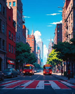 Captured at eye-level on a vibrant day, a view of the New York City skyline is captured from a high-angle perspective. A red bus is parked on the right side of the street, its headlights on. The street is lined with tall buildings on either side of it. The buildings are a mix of red, brown, and gray, and are adorned with a variety of trees. The sky is a deep blue, dotted with a few wispy clouds, adding a touch of color to the scene.Cinematic_Enhancer_Style,anime,cyberpunk