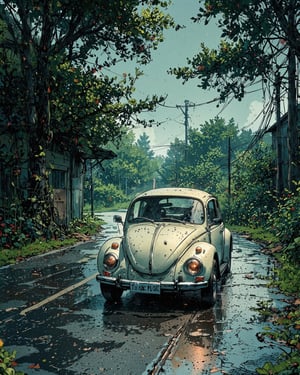 Image is a digital illustration featuring a vintage cream-colored Volkswagen Beetle parked on a wet road. The scene is set in a lush, green environment with tall trees lining the road, their leaves forming a dense canopy overhead. The road is slick with rain, creating reflective puddles that mirror the car and surrounding foliage. The sky is overcast, suggesting a recent or ongoing rain shower. Power lines run parallel to the road, adding a touch of urbanity to the otherwise natural setting. The overall mood is serene and nostalgic, with a focus on the classic car and the tranquil, rain-soaked landscape.,fl4tcol0red,in the style of t0k,REALNIME