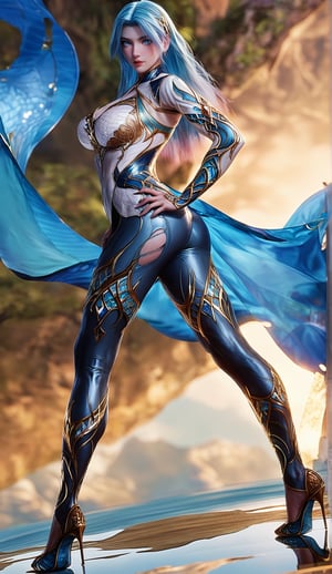 Extremely Realistic, score_6_up, score_7_up, score_8_up, score_9, (wangqiuer, full body shot, long slender legs, torn black pantyhose, high heels, standing, sexy pose, full body in front view direction, facing viewer, blue and white outfit with golden patterns and designs,high neckline and long sleeves, long slender legs, torn black pantyhose, high heels, standing, sexy pose, looking at viewer, mountainous forested shallow lake), (((sexy standing pose:1.6)))