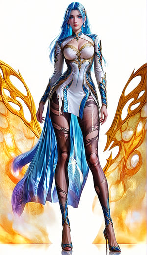 Extremely Realistic, score_6_up, score_7_up, score_8_up, score_9, (wangqiuer, full body shot, torn black pantyhose, high heels, standing, full body in front view direction, facing viewer, blue and white outfit with golden patterns and designs,high neckline and long sleeves, torn black pantyhose, high heels, looking at viewer,the overall color scheme of the image is predominantly blue and white,with hints of purple and pink,the image has a dreamy,ethereal quality,with a sense of depth and mystery,)