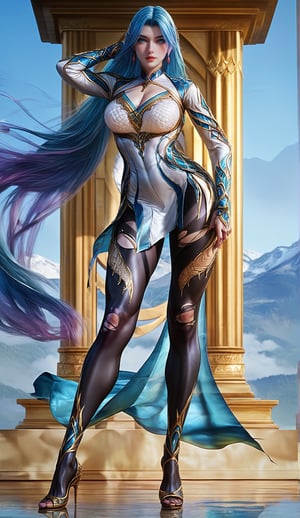 Extremely Realistic, score_6_up, score_7_up, score_8_up, score_9, (wangqiuer, full body shot, torn black pantyhose, high heels, standing, sexy pose, full body in front view direction, facing viewer, blue and white outfit with golden patterns and designs,high neckline and long sleeves, torn black pantyhose, high heels, standing, sexy pose, looking at viewer, mountainous forested shallow lake), (((sexy standing pose:1.6)))