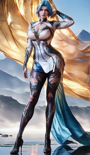 Extremely Realistic, score_6_up, score_7_up, score_8_up, score_9, (wangqiuer, full body shot, torn black pantyhose, high heels, standing, sexy pose, full body in front view direction, facing viewer, blue and white outfit with golden patterns and designs,high neckline and long sleeves, torn black pantyhose, high heels, standing, sexy pose, looking at viewer, mountainous forested shallow lake), (((sexy standing pose:1.6)))