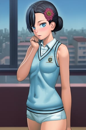 masterpiece, best quality, highres, mother yukinoshita, blue eyes, black hair, hair bun, single hair bun, hair up, updo, hair flower, gym uniform, bare shoulders, sleeveless shirt, white shirt, short shorts, white shorts, city, sweater vest, lasterk, petite, thinking, arms_in_back, looking_at_viewer,uca