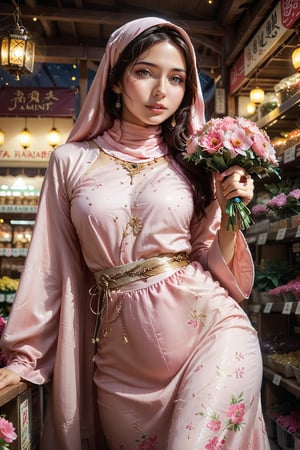 Extremely Realistic, (((In a warm, golden-lit night scene, a stunning Korean woman wears a pink dress adorned with intricate details, her hijab subtly framing her face. She holds a bouquet of pink flowers and exudes happiness, her expressive features radiant under the soft glow of lanterns inside an ancient Japanese flower shop. The wide-angle shot captures the serenity of the moment, with a blurred bokeh effect adding depth to the cozy atmosphere.)))