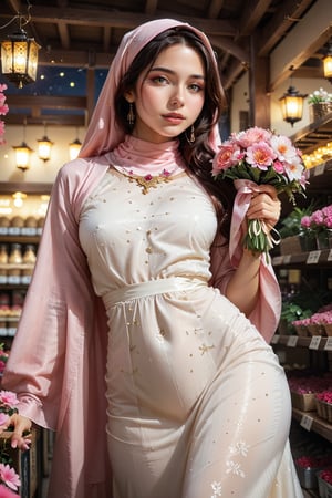 Extremely Realistic, (((In a warm, golden-lit night scene, a stunning Korean woman wears a pink and white dress adorned with intricate details, her hijab subtly framing her face. She holds a bouquet of pink flowers and exudes happiness, her expressive features radiant under the soft glow of lanterns inside an ancient Japanese flower shop. The wide-angle shot captures the serenity of the moment, with a blurred bokeh effect adding depth to the cozy atmosphere.)))