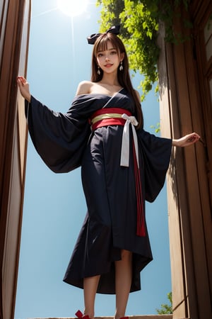  1girl, solo, long hair, looking at the viewer, smile, bangs, brown hair, realistic, shoulders-long messy elegant hair.  (((full body))), daytime, sunny weather, abundant sunlight, (((from below))), Wearing loose kimono, loose off shoulder, smiling at the camera, jewels. masterpiece, best quality, photorealistic, raw photo, earrings, black eyes, lips, bow headband, lips, ribbon, realistic, parted lips, lips, ribbon, realistic, blurry background, (full_body spot)